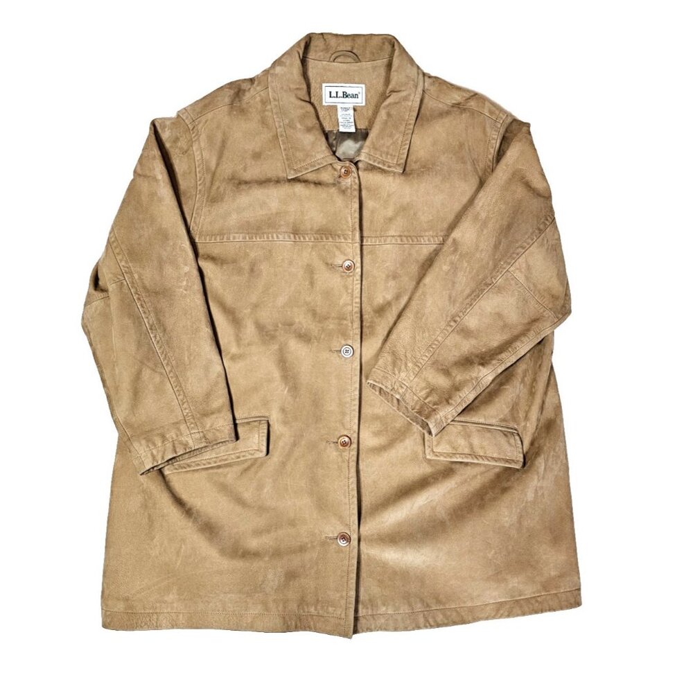 LL Bean Jacket Womens 3 XL Brown Suede Leather Bottom Up Lined Chore